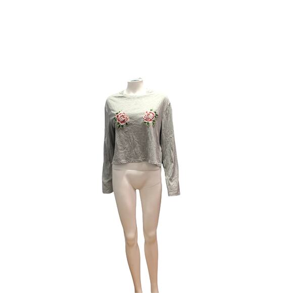 H&M Divided Grey Floral Embroidered Print Long Sleeve Basic Cropped Tee - Picture 2 of 7